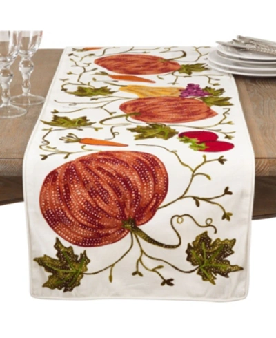 Saro Lifestyle Embroidered Pumpkin Harvest Design Cotton Table Runner In Ivory/cream