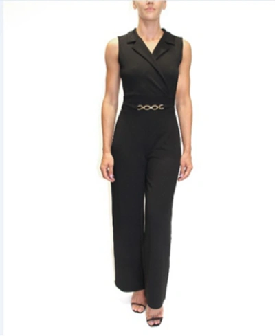 Almost Famous Juniors' Belted-detail Sleeveless Jumpsuit In Black