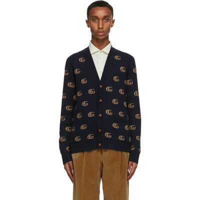 Gucci Navy Wool Jacquard Double G Cardigan In Blue