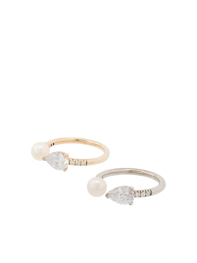 Apples & Figs Gold-plated Twins Crystal And Pearl Ring Set