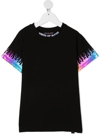 Vision Of Super Kids' Rainbow Flames T-shirt In Black