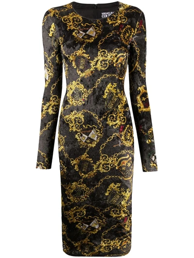 Versace Jeans Couture Long-sleeved Baroque Print Dress In Black