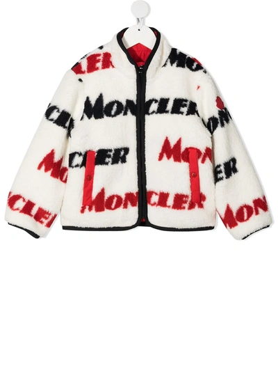 Moncler Kids' Logo Print Faux-shearling Jacket In Cream