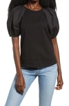 English Factory Mixed Media Puff Sleeve Top In Black