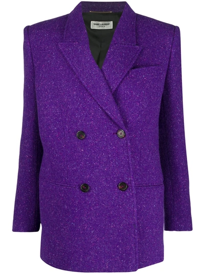 Saint Laurent Double Breasted Wool Tweed Blazer In Violet