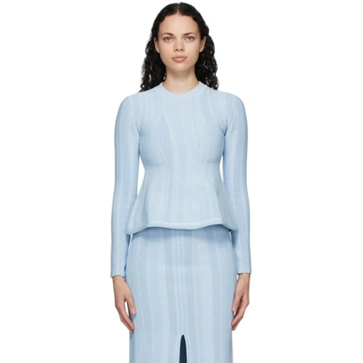 Proenza Schouler Ottoman Knit Long-sleeve Ribbed Peplum Top In Chambray/wh
