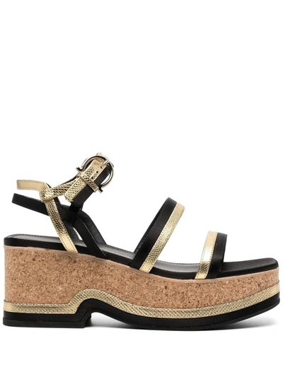 Ferragamo Satin And Metallic Watersnake Platform Sandals In Black,gold