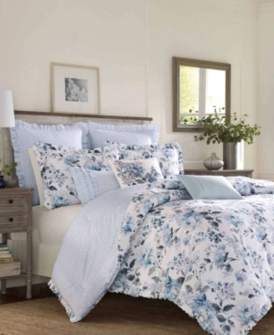 Laura Ashley Chloe Cotton Reversible 3 Piece Comforter Set, King In Open Blue