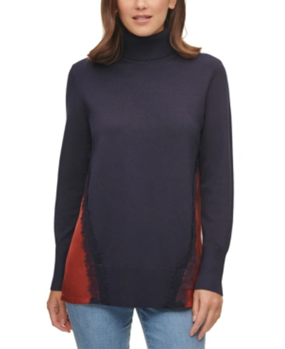 Dkny Mixed-media Turtleneck Sweater In New Navy/russet