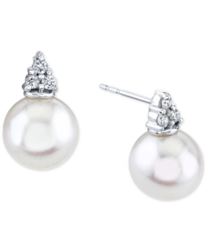 Macy's Cultured Freshwater Pearl (9mm) & Diamond (1/8 Ct. T.w.) Stud Earrings In 14k White Gold