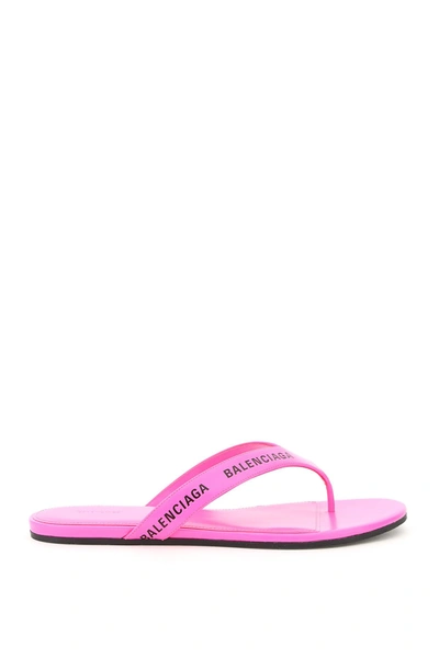 Balenciaga Round Leather Thong Mules Logo In Neon Pink