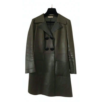 Pre-owned Celine Leather Biker Jacket In Green