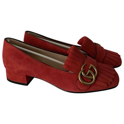 Pre-owned Gucci Marmont Red Suede Flats