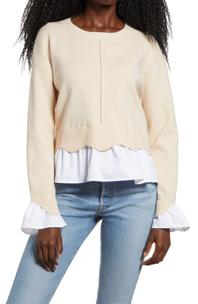 English Factory Scalloped Mixed Media Sweater In Beige White