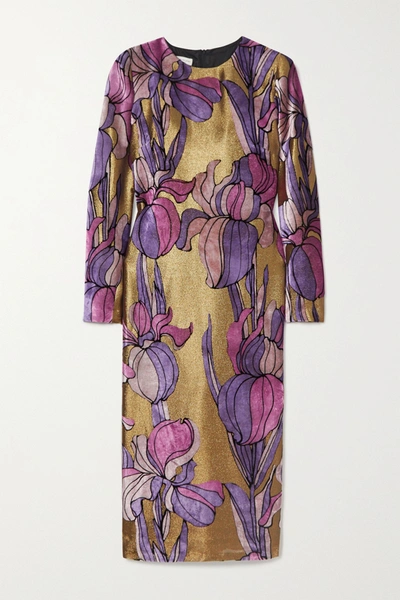 Dries Van Noten Daia Printed Velvet And Lamé Midi Dress In Gold