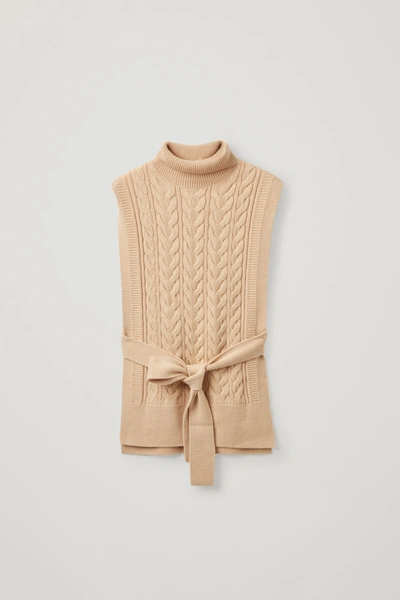 Cos Cable Knit Roll-neck Belted Vest In Beige