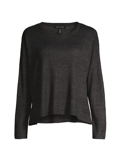 Eileen Fisher Crop Linen Knit Sweater In Black