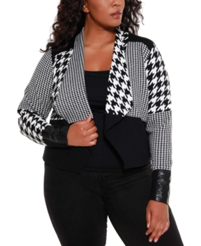 Belldini Black Label Women's Plus Size Multi Houndstooth Cropped Sweater Blazer In Black Combo