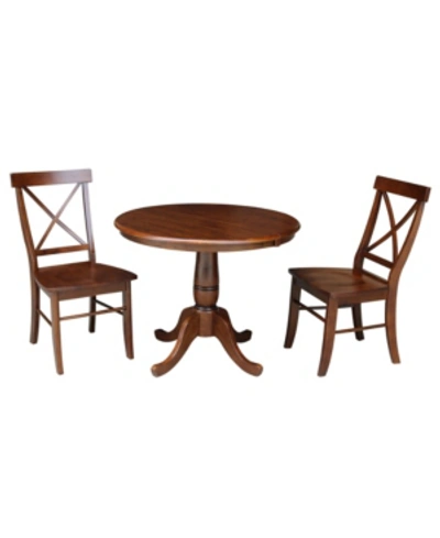 International Concepts 36" Round Top Pedestal Ext Table With 12" Leaf And 2 X-back Chairs In Brown