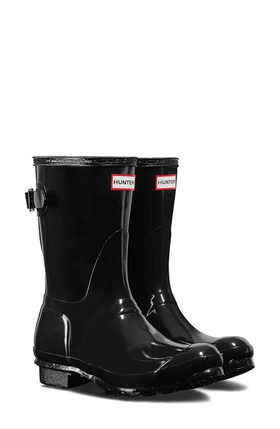 Hunter Original Short Adjustable Back Gloss Waterproof Rain Boot In Black