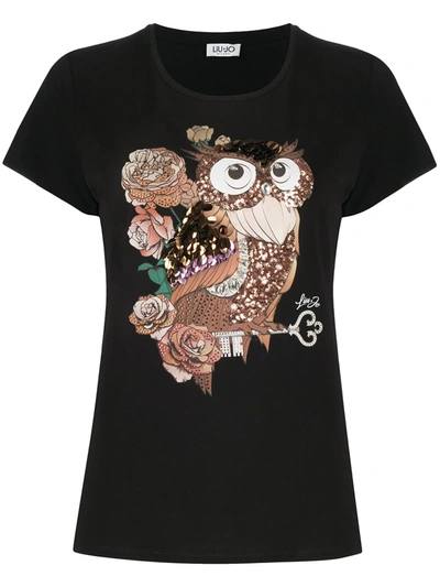 Liu •jo Owl Motif Sequin-embellished T-shirt In Black