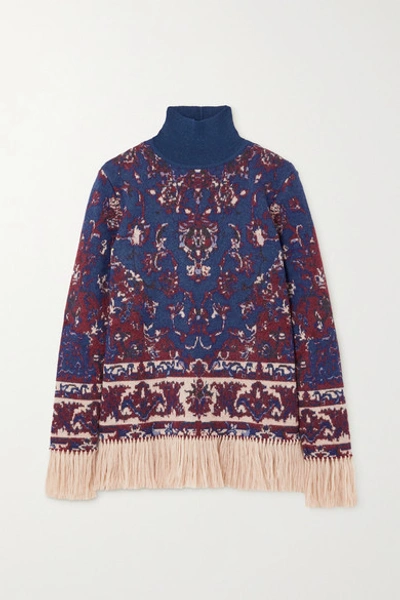 Paco Rabanne Fringed Intarsia Alpaca, Cotton And Wool-blend Turtleneck Sweater In Purple
