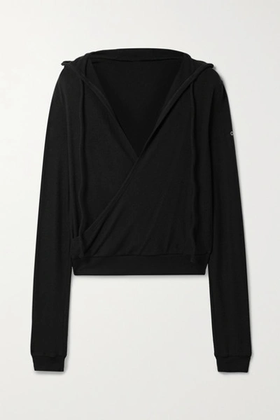 Alo Yoga Hooded Wrap-effect Stretch-knit Top In Black