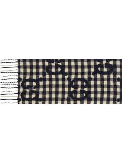 Gucci Gg-jacquard Checked Wool-blend Scarf In Dark Blue And Ivory