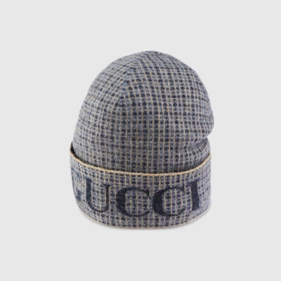 Gucci Wool Check Hat With  In Dark Blue And Blue