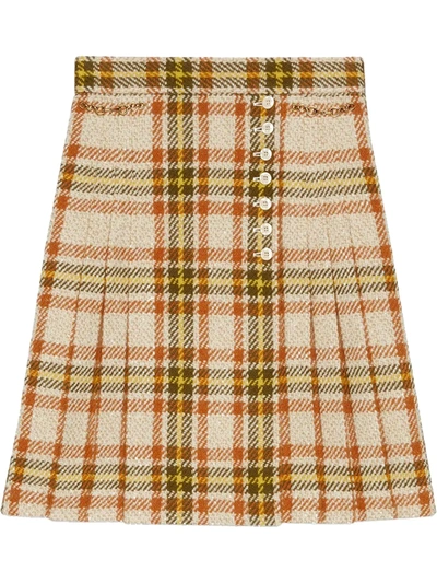 Gucci Horsebit-embellished Check Skirt In Ivory, Brown And Yellow