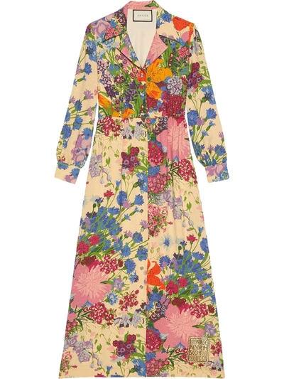 Gucci + Ken Scott Appliquéd Floral-print Metallic Georgette Shirt Dress In Multicolor