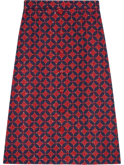 Gucci Cotton Blend Tweed A-line Midi Skirt In Red,blue