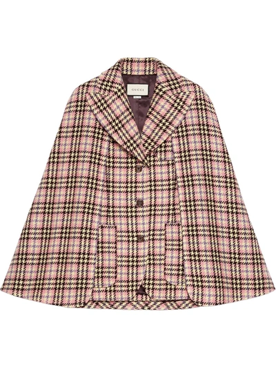 Gucci Houndstooth Wool Jacket With Cape In Pink And Beige