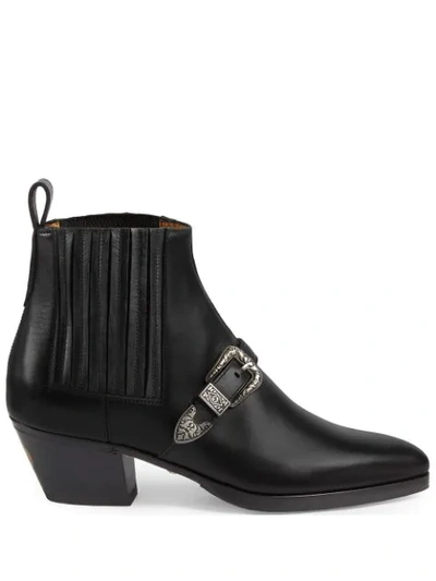 Gucci Pull-on Buckled Ankle Boots In Black Leather