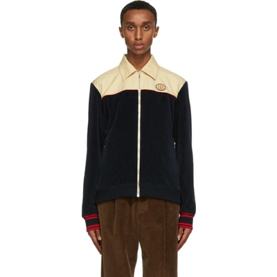 Gucci Logo Patch Cotton Velvet Casual Jacket In Blue