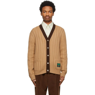 Gucci Logo-patch Ribbed Wool Cardigan In Camel