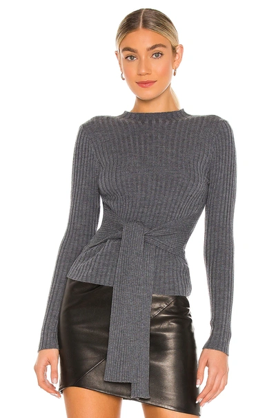 Milly Belted Tie Front Merino Pullover In Heather Charcoal