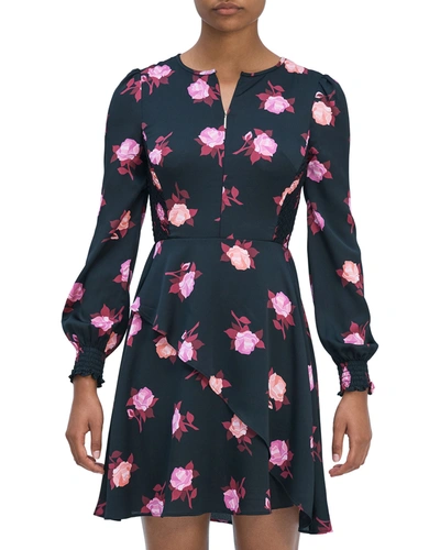 Kate Spade Rose Garden Smocked Satin Dress In Black