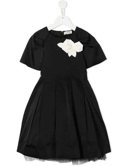 Monnalisa Kids' Floral Appliqué Party Dress In Black