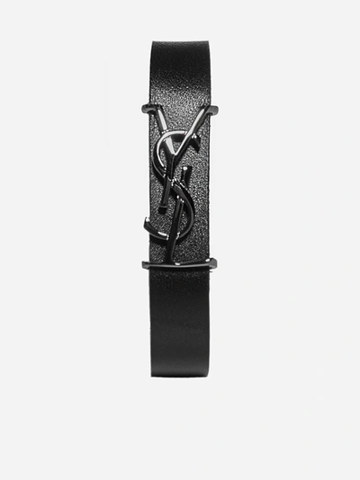 Saint Laurent Bracciale In Pelle Con Monogramma In Black