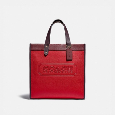 Coach Field Tote In Colorblock With Badge In Red In Brass/electric Red Multi