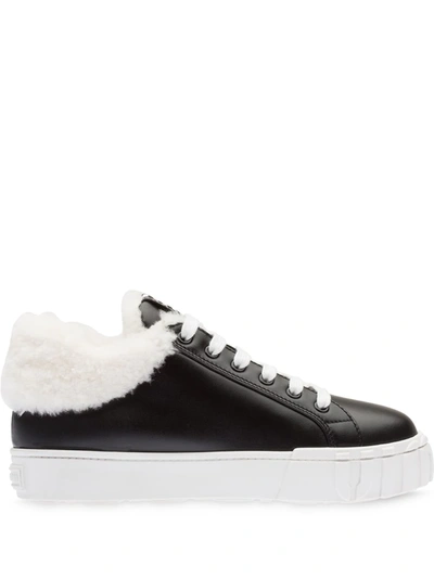 Miu Miu Shearling-lined Lace-up Sneakers In Black