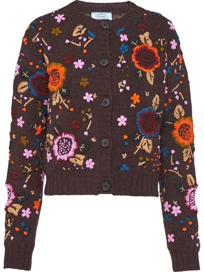 Prada Embroidered Shetland Floral Cardigan In F00zc Cacao Lilla