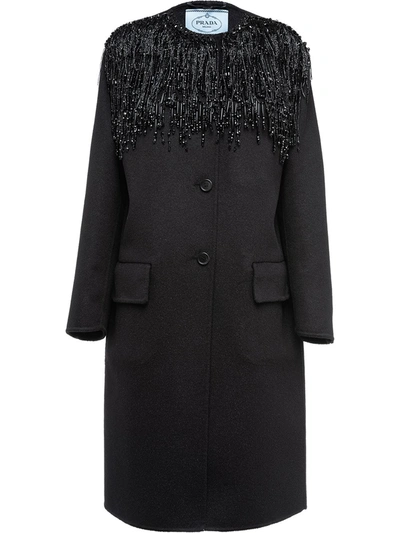 Prada Embellished Cashgora Double-fringe Coat In Black