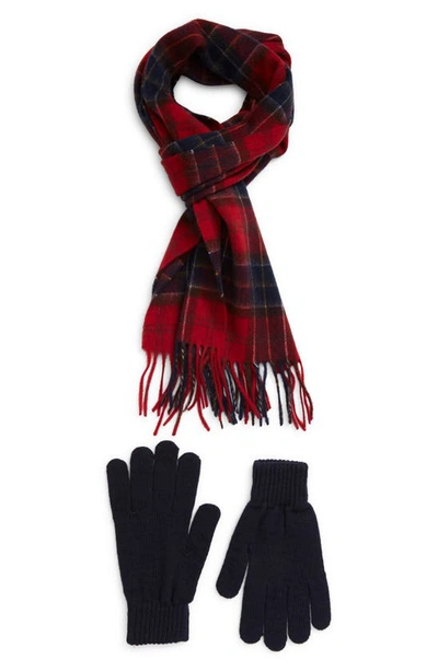 Barbour Tartan Wool Scarf & Gloves Set In Red Tartan