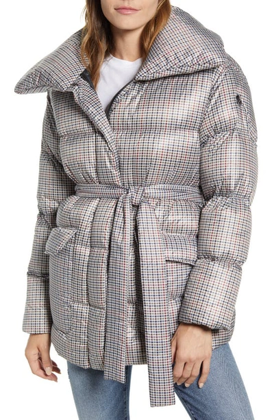 Bernardo Herringbone Print Belted Puffer Coat