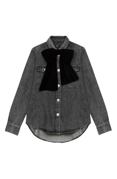 Maje Candice Velvet Bow-embellished Denim Jacket In Anthracite