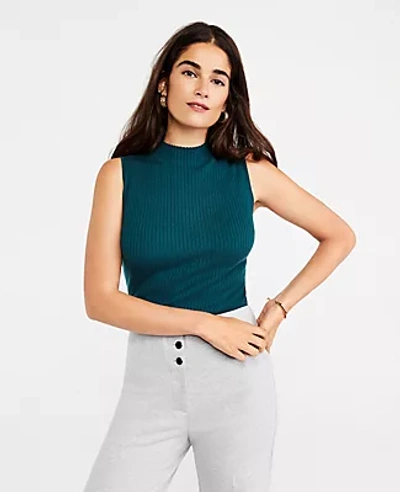 Ann Taylor Ribbed Mock Neck Sweater Shell Top In Deep Emerald Teal