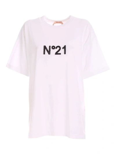 N°21 Rhinestone Logo T-shirt In White
