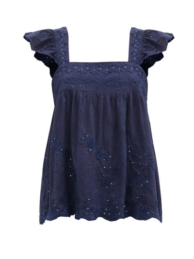 Juliet Dunn Ruffle-sleeve Floral-embroidered Cotton Top In Blue